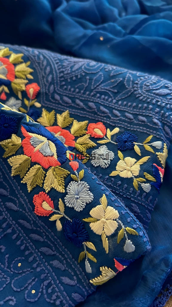 Royal Blue Chikankari Parsi Gara Neckline Kurta Dupatta Set Suits