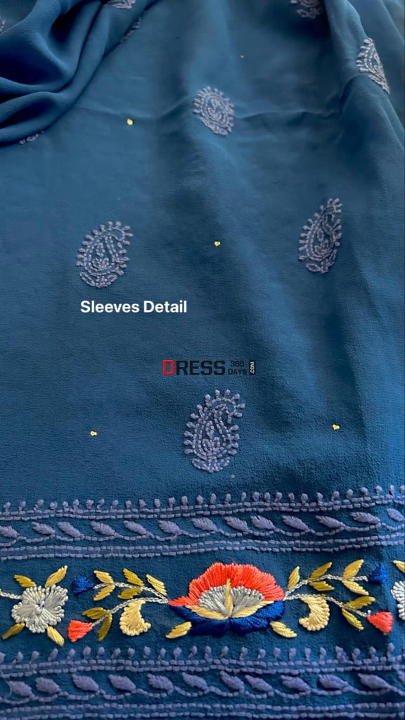 Royal Blue Chikankari Parsi Gara Neckline Kurta Dupatta Set Suits