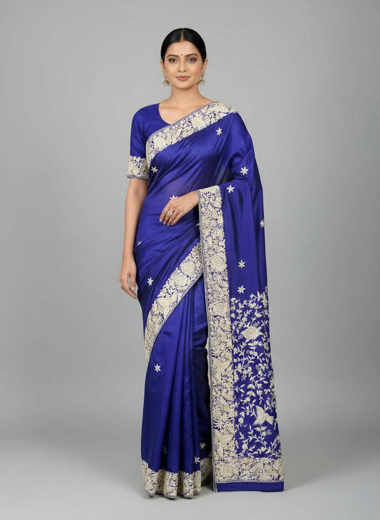 Pre Order Blue & Ivory Parsi Gara Hand Embroidered Saree