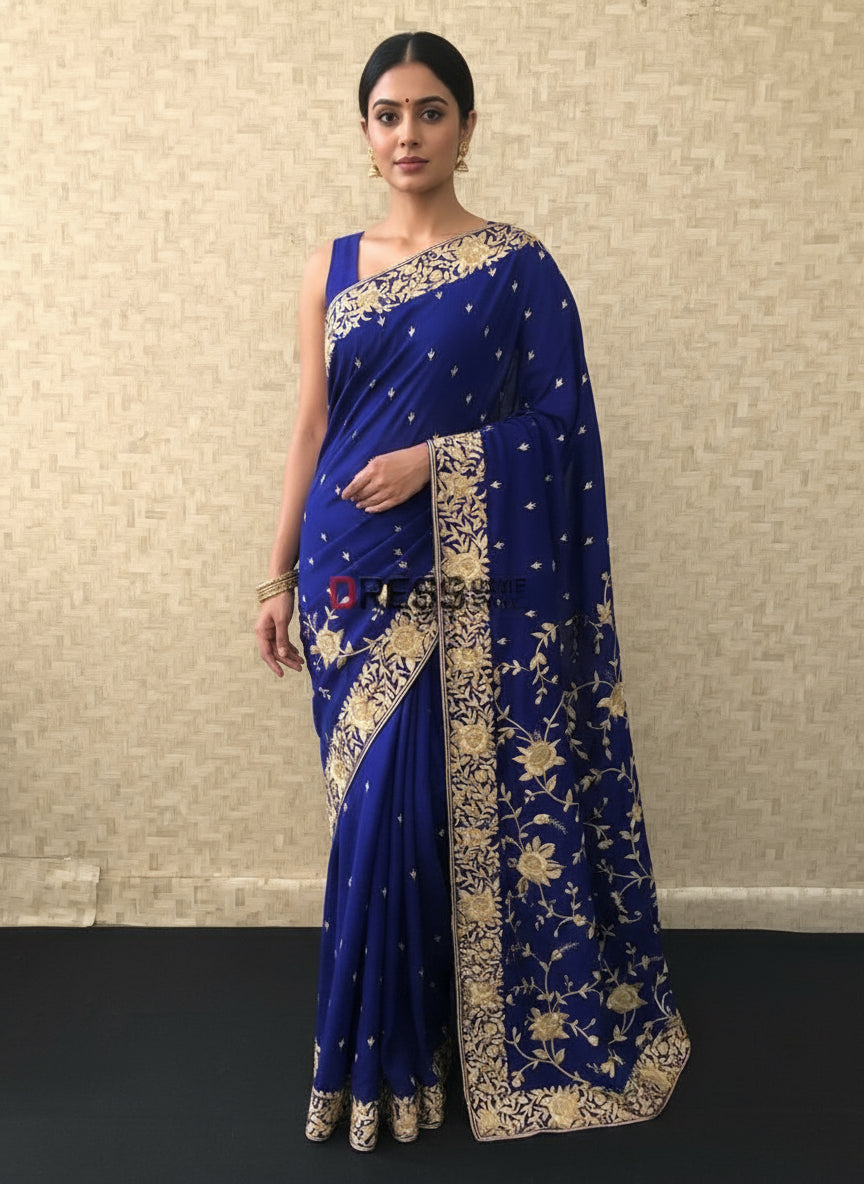Pre Order Designer Parsi Gara Navy & Gold Crepe Silk Saree