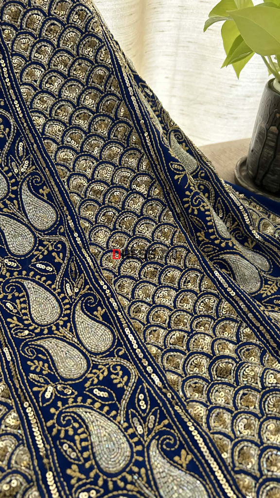 Royal Blue Masterpiece Cut Dana Sequin Chikankari Suit (Kurta & Dupatta) Chikankari Suits