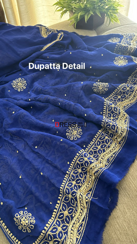 Royal Blue Masterpiece Cut Dana Sequin Chikankari Suit (Kurta & Dupatta) Chikankari Suits