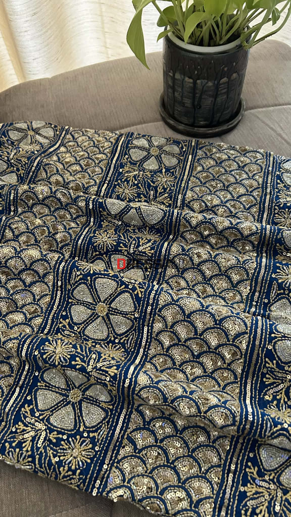 Royal Blue Masterpiece Cut Dana Sequin Chikankari Suit (Kurta & Dupatta) - Chikankari Suits
