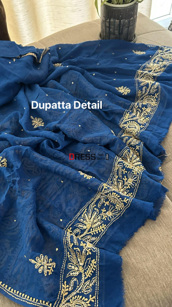 Royal Blue Masterpiece Cut Dana Sequin Chikankari Suit (Kurta & Dupatta) - Chikankari Suits