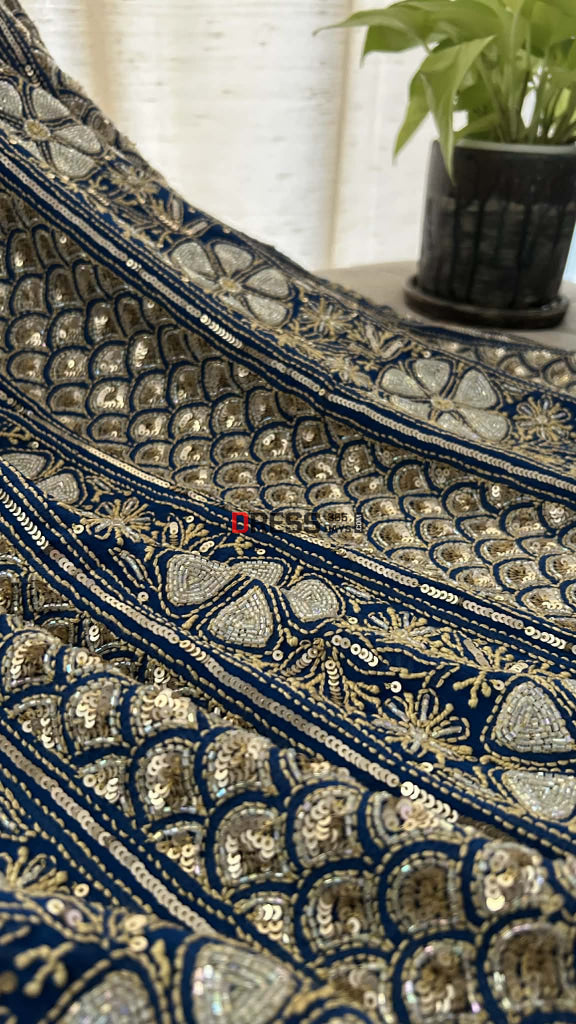 Royal Blue Masterpiece Cut Dana Sequin Chikankari Suit (Kurta & Dupatta) - Chikankari Suits
