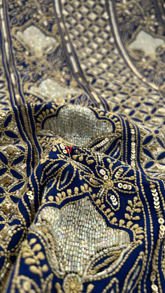 Royal Blue Masterpiece Cut Dana Sequin Chikankari Suit (Kurta & Dupatta) Chikankari Suits