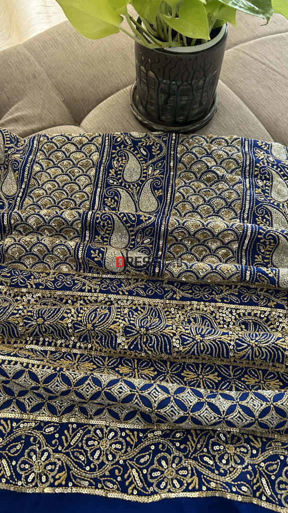 Royal Blue Masterpiece Cut Dana Sequin Chikankari Suit (Kurta & Dupatta) Chikankari Suits