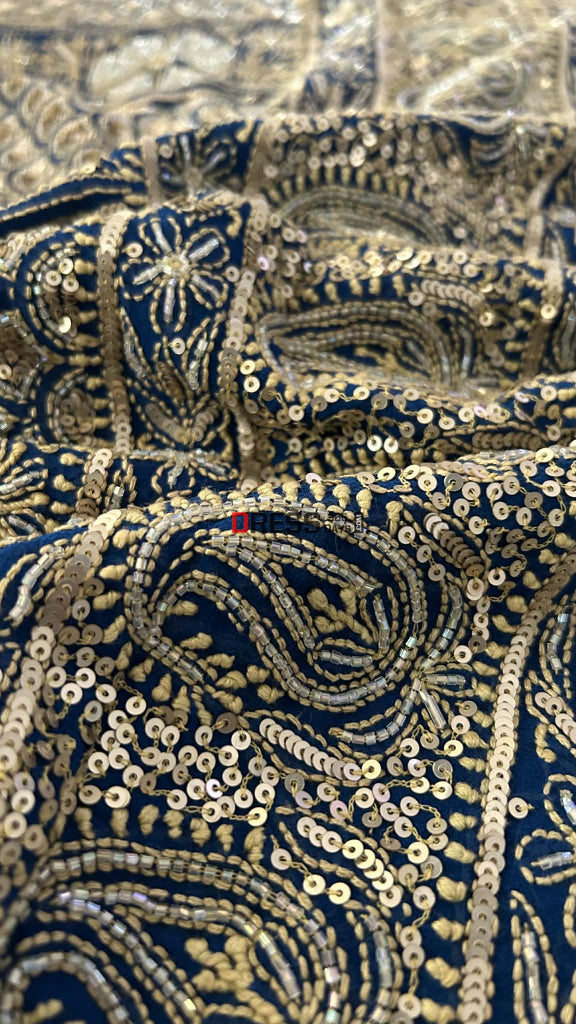 Royal Blue Masterpiece Cut Dana Sequin Chikankari Suit (Kurta & Dupatta) - Chikankari Suits