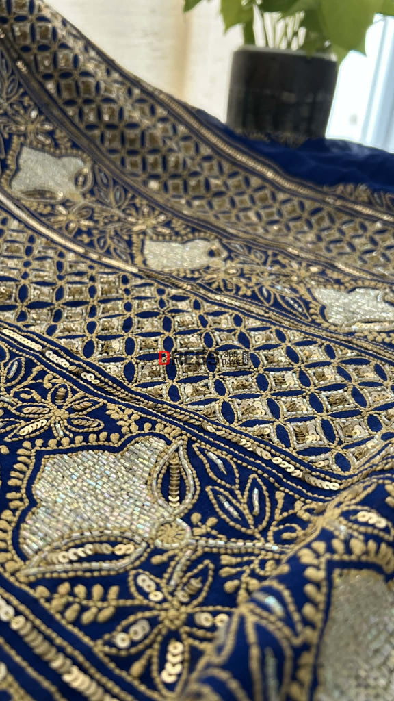 Royal Blue Masterpiece Cut Dana Sequin Chikankari Suit (Kurta & Dupatta) Chikankari Suits