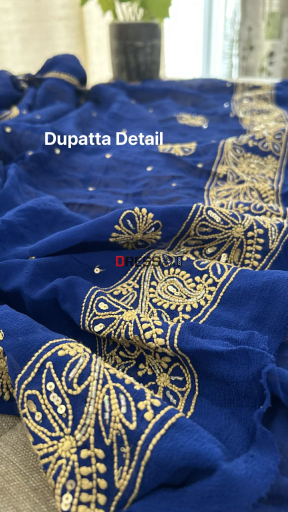 Royal Blue Masterpiece Cut Dana Sequin Chikankari Suit (Kurta & Dupatta) Chikankari Suits
