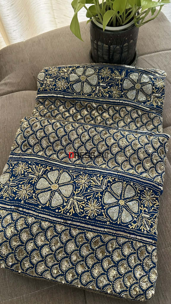 Royal Blue Masterpiece Cut Dana Sequin Chikankari Suit (Kurta & Dupatta) - Chikankari Suits