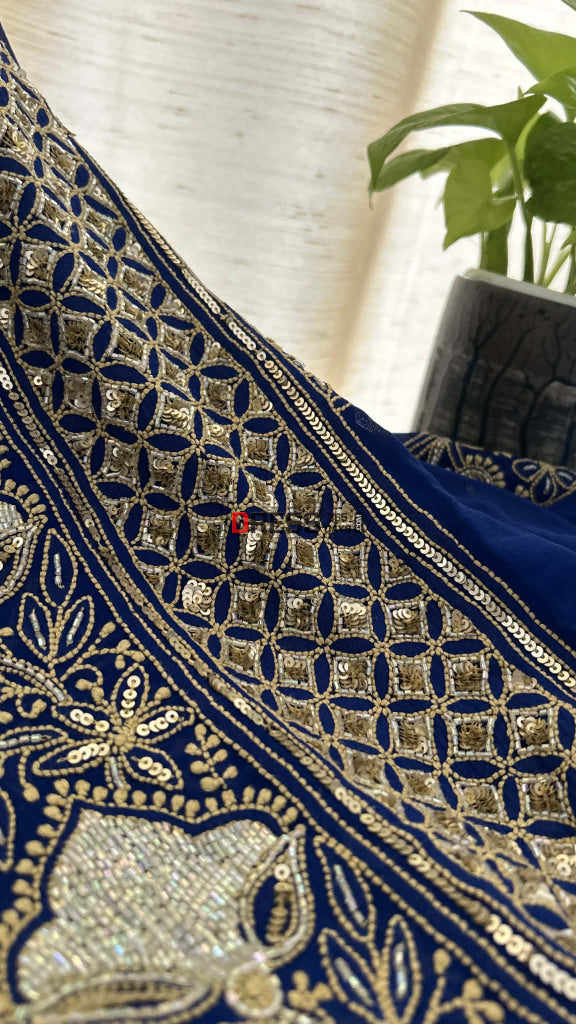 Royal Blue Masterpiece Cut Dana Sequin Chikankari Suit (Kurta & Dupatta) Chikankari Suits