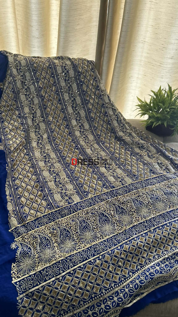 Royal Blue Masterpiece Cut Dana Sequin Chikankari Suit (Kurta & Dupatta) Chikankari Suits