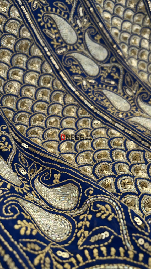 Royal Blue Masterpiece Cut Dana Sequin Chikankari Suit (Kurta & Dupatta) Chikankari Suits