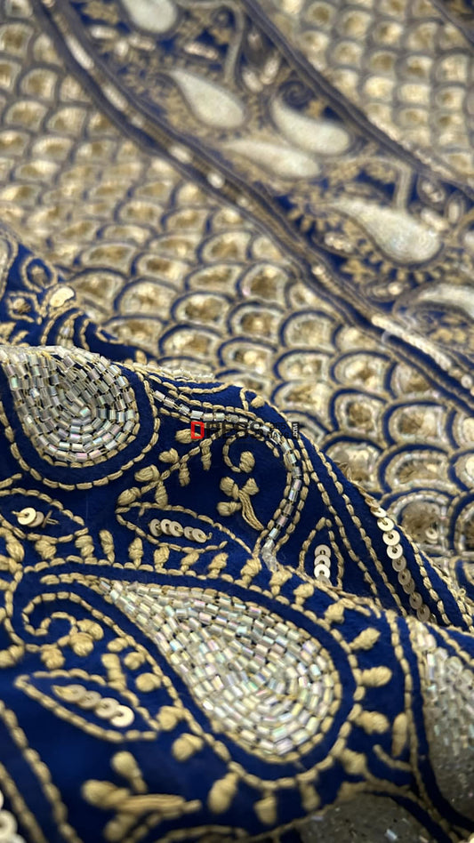 Royal Blue Masterpiece Cut Dana Sequin Chikankari Suit (Kurta & Dupatta) Chikankari Suits