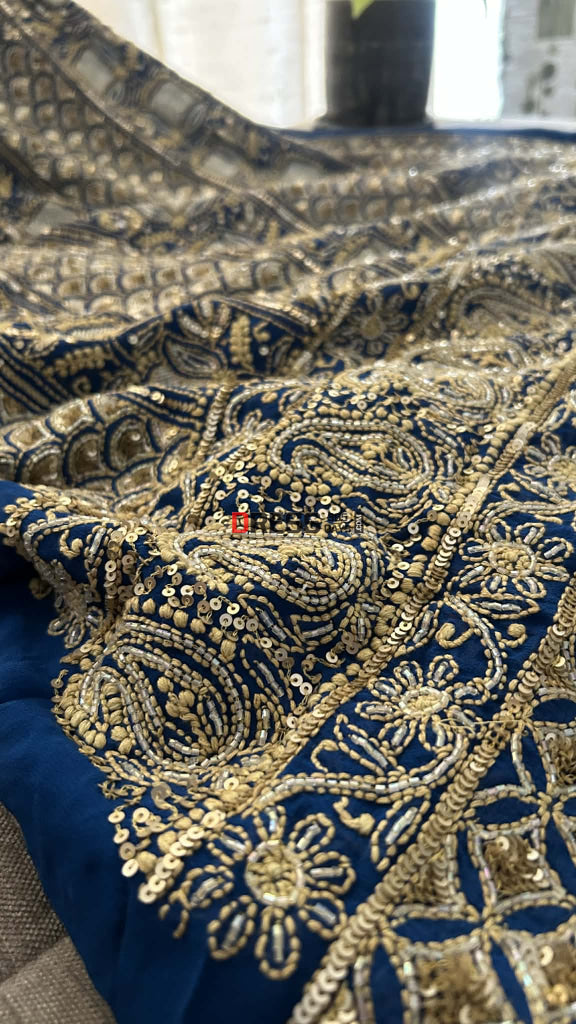 Royal Blue Masterpiece Cut Dana Sequin Chikankari Suit (Kurta & Dupatta) Chikankari Suits