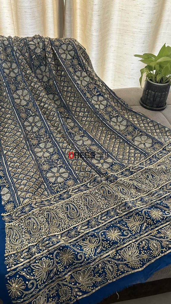 Royal Blue Masterpiece Cut Dana Sequin Chikankari Suit (Kurta & Dupatta) - Chikankari Suits