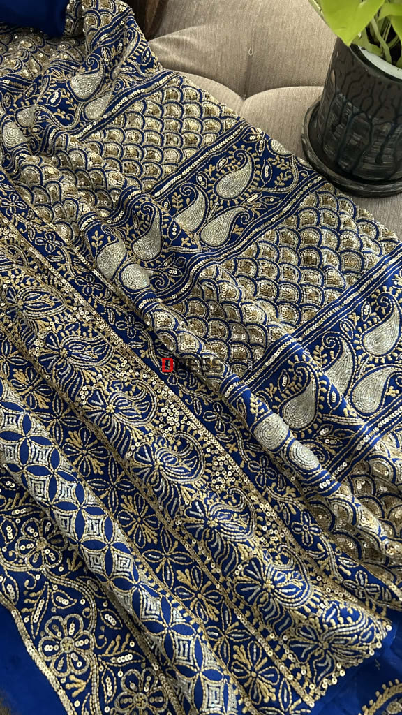 Royal Blue Masterpiece Cut Dana Sequin Chikankari Suit (Kurta & Dupatta) Chikankari Suits