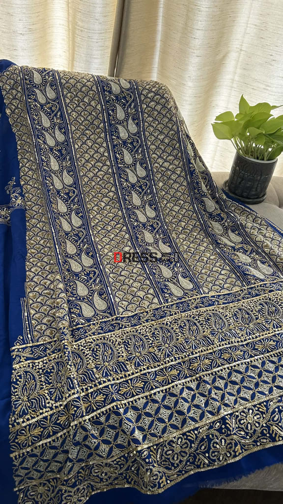 Royal Blue Masterpiece Cut Dana Sequin Chikankari Suit (Kurta & Dupatta) Chikankari Suits