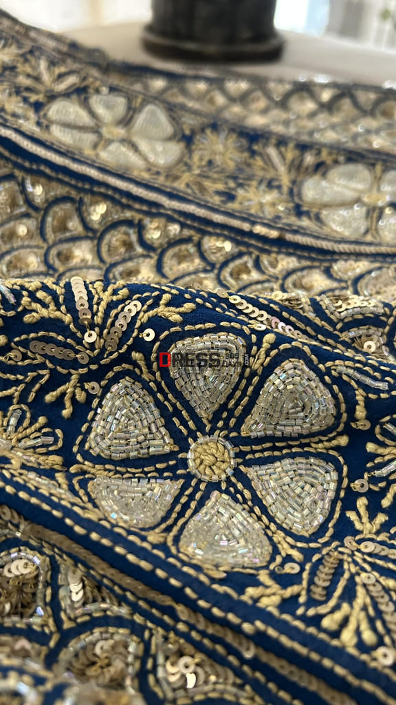 Royal Blue Masterpiece Cut Dana Sequin Chikankari Suit (Kurta & Dupatta) - Chikankari Suits
