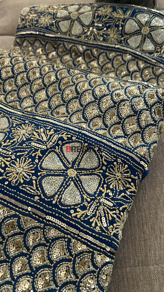 Royal Blue Masterpiece Cut Dana Sequin Chikankari Suit (Kurta & Dupatta) - Chikankari Suits