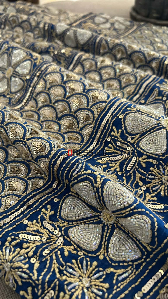 Royal Blue Masterpiece Cut Dana Sequin Chikankari Suit (Kurta & Dupatta) - Chikankari Suits