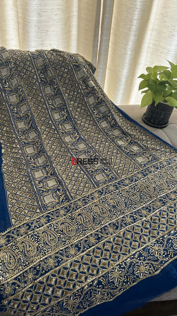 Royal Blue Masterpiece Cut Dana Sequin Chikankari Suit (Kurta & Dupatta) Chikankari Suits