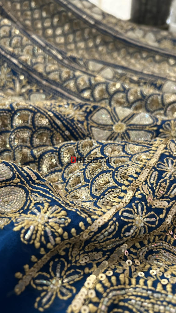Royal Blue Masterpiece Cut Dana Sequin Chikankari Suit (Kurta & Dupatta) - Chikankari Suits