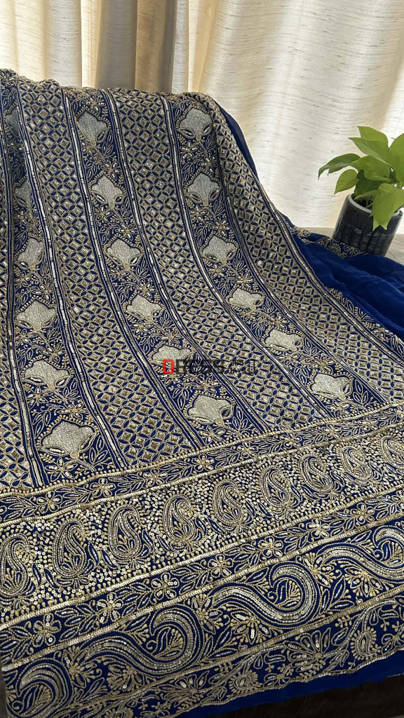 Royal Blue Masterpiece Cut Dana Sequin Chikankari Suit (Kurta & Dupatta) Chikankari Suits