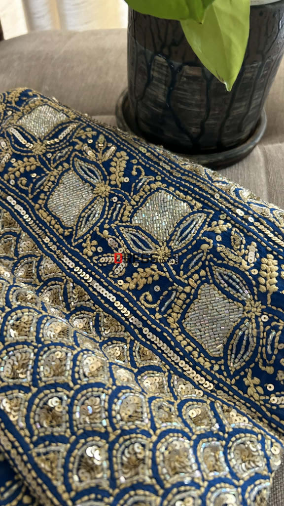 Royal Blue Masterpiece Cut Dana Sequin Chikankari Suit (Kurta & Dupatta) Chikankari Suits
