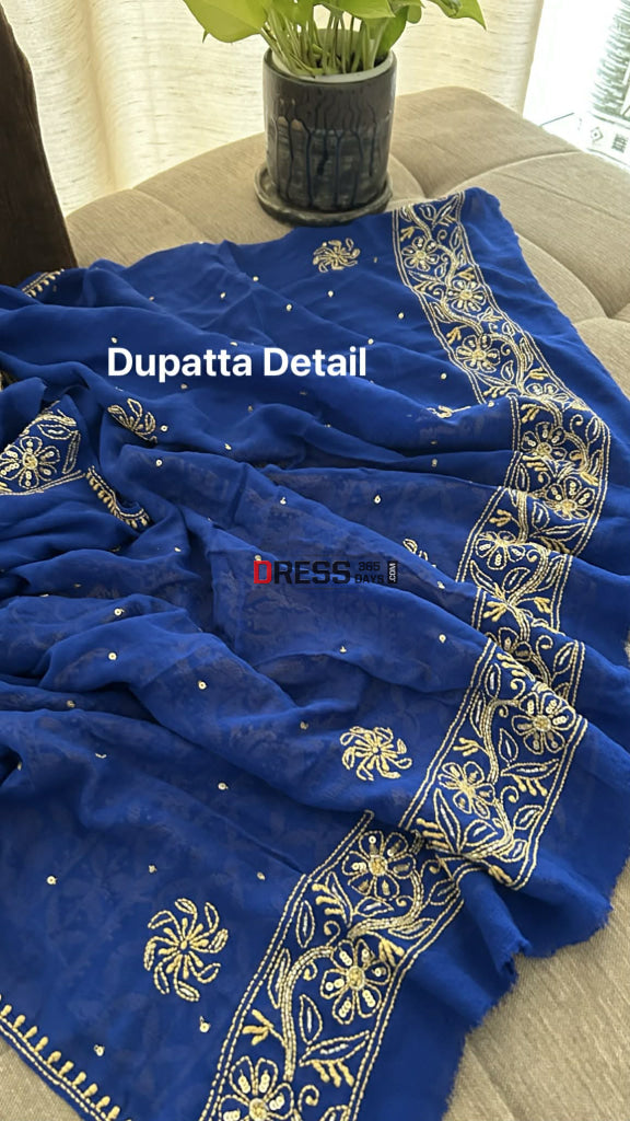 Royal Blue Masterpiece Cut Dana Sequin Chikankari Suit (Kurta & Dupatta) Chikankari Suits