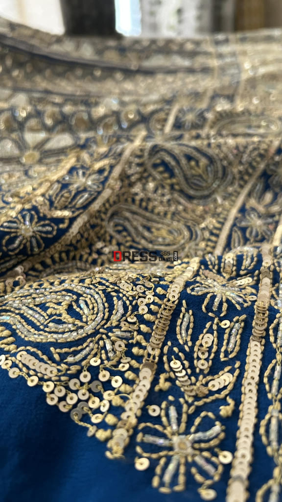 Royal Blue Masterpiece Cut Dana Sequin Chikankari Suit (Kurta & Dupatta) - Chikankari Suits