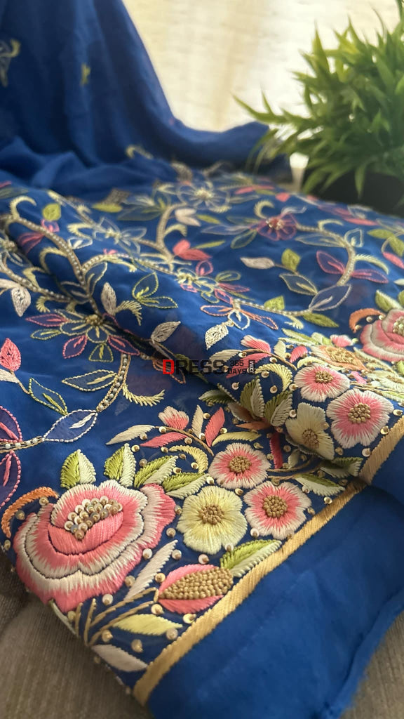 Royal Blue Parsi Gara & Chikankari Pearl Suit Suits
