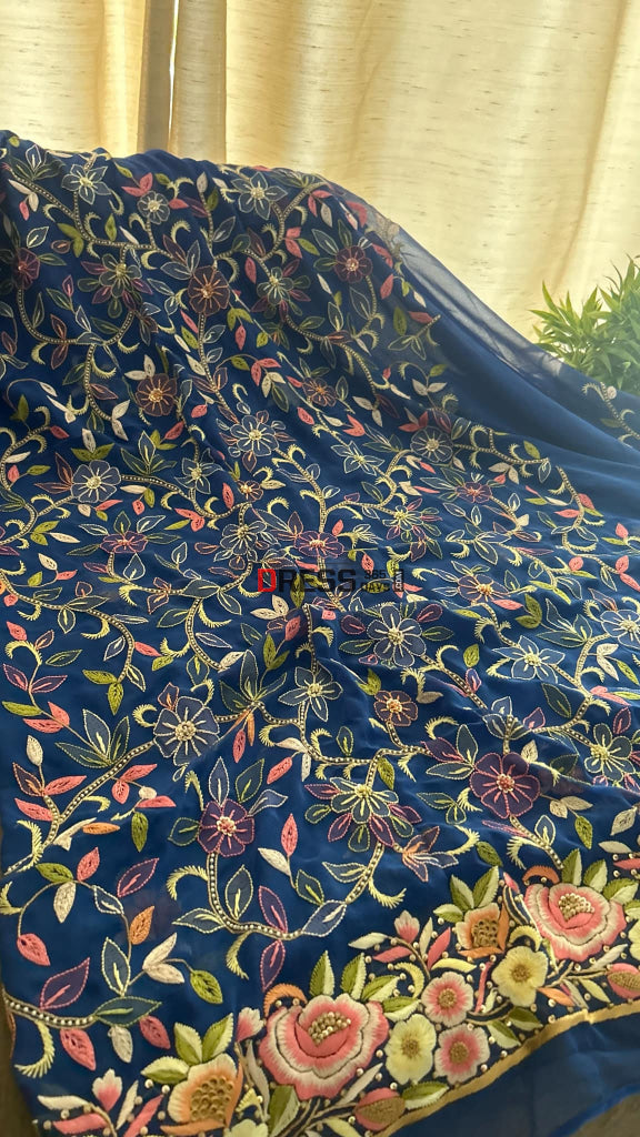 Royal Blue Parsi Gara & Chikankari Pearl Suit Suits