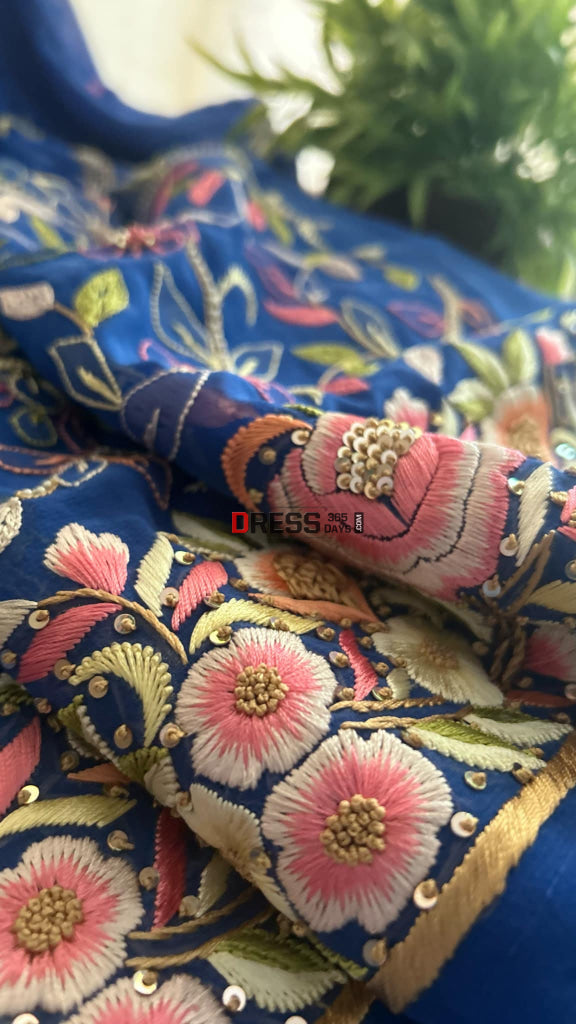 Royal Blue Parsi Gara & Chikankari Pearl Suit Suits