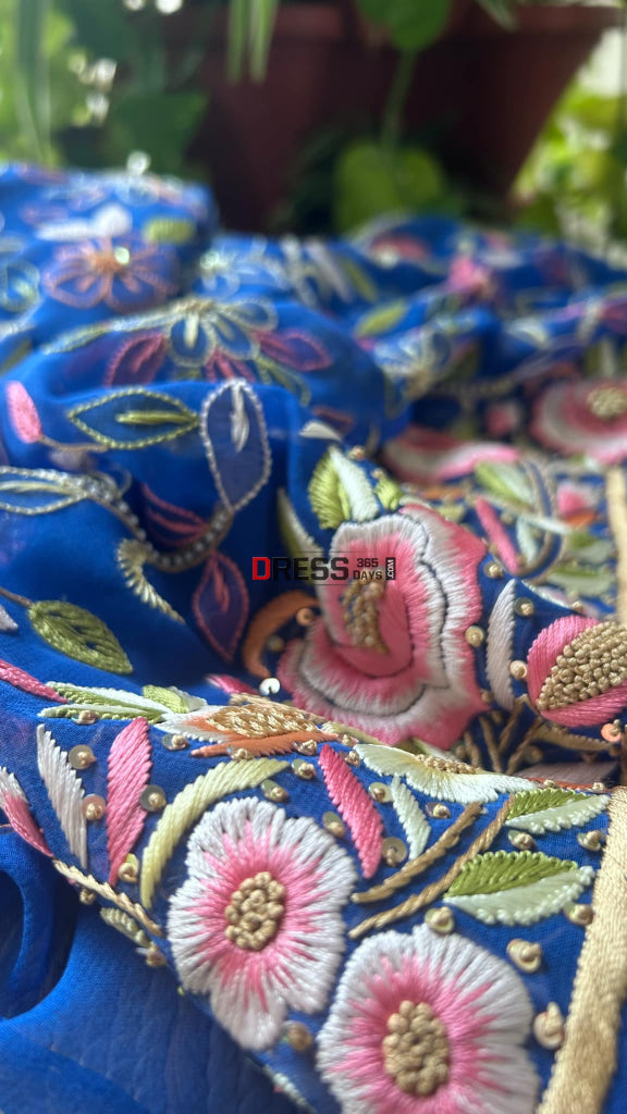 Royal Blue Parsi Gara & Chikankari Pearl Suit Suits
