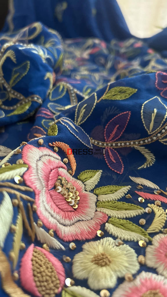 Royal Blue Parsi Gara & Chikankari Pearl Suit Suits