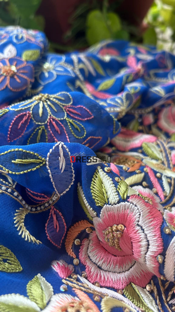 Royal Blue Parsi Gara & Chikankari Pearl Suit Suits