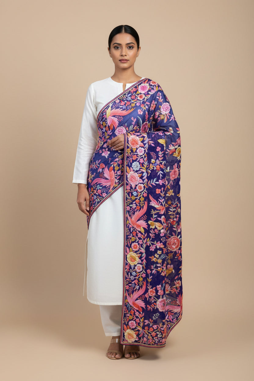 Pre Order Blue Parsi Gara Fine Embroidery Dupatta