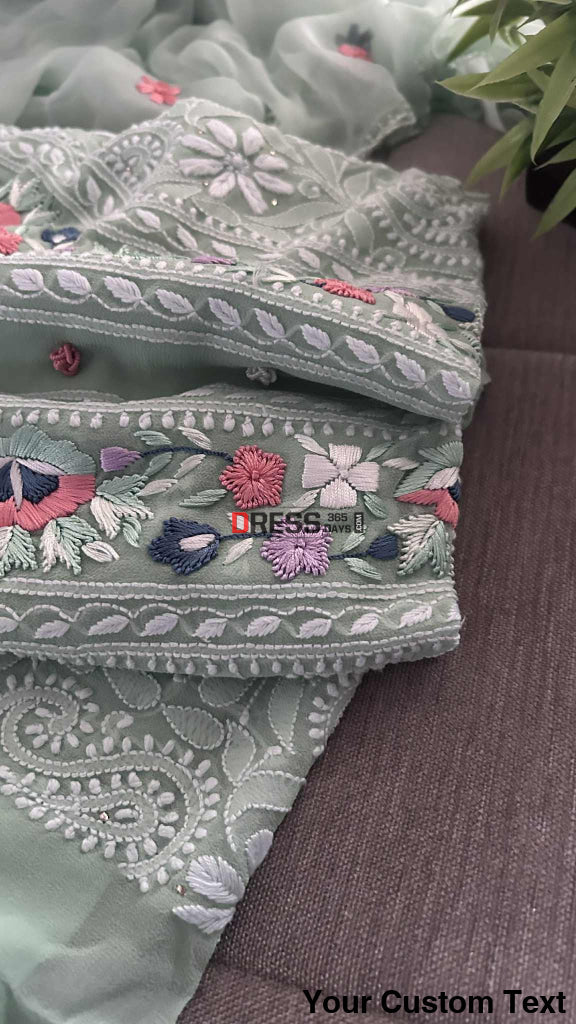 Sage Green Chikankari Parsi Gara Neckline Suit Chikankari Suits