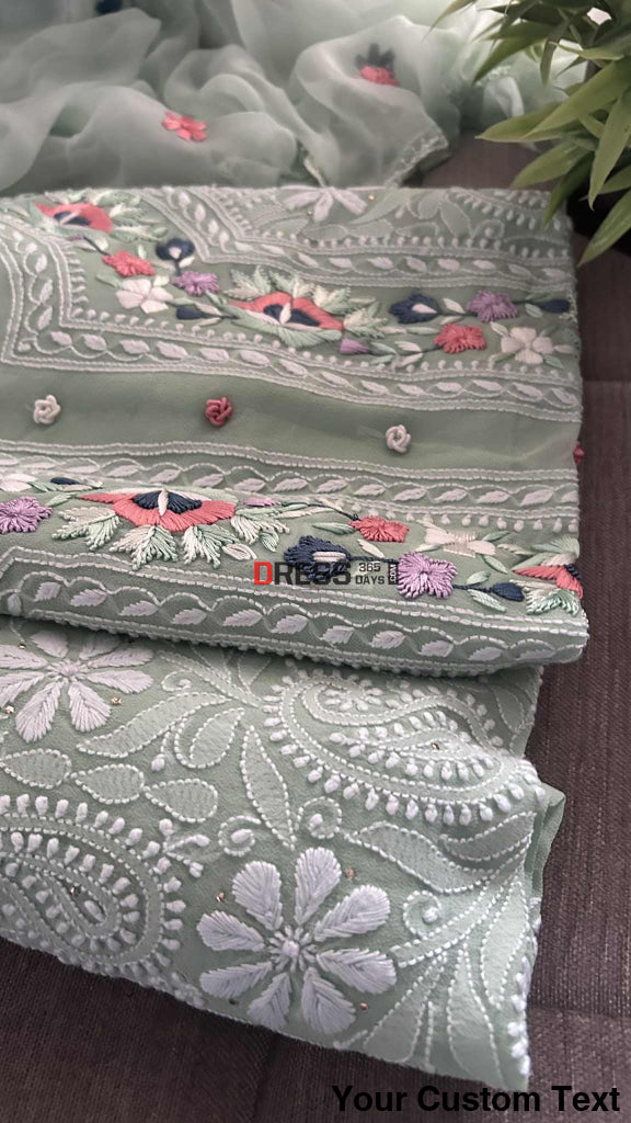 Sage Green Chikankari Parsi Gara Neckline Suit Chikankari Suits