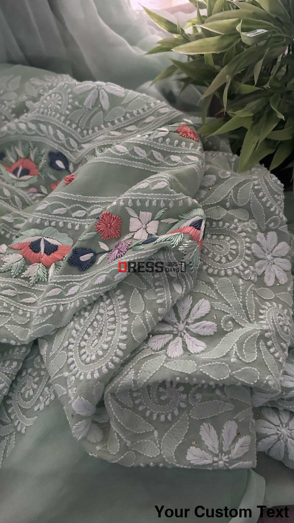 Sage Green Chikankari Parsi Gara Neckline Suit Chikankari Suits