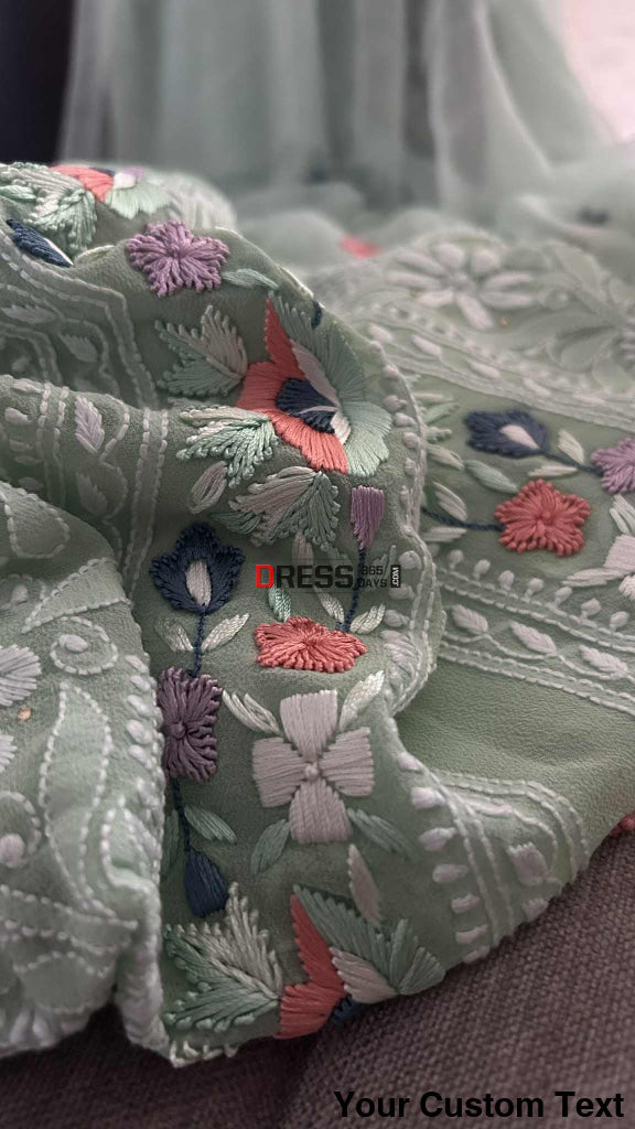 Sage Green Chikankari Parsi Gara Neckline Suit Chikankari Suits