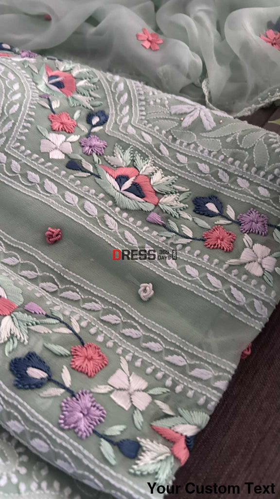 Sage Green Chikankari Parsi Gara Neckline Suit Chikankari Suits
