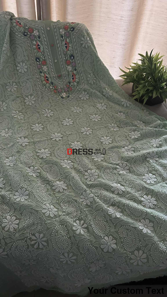 Sage Green Chikankari Parsi Gara Neckline Suit Chikankari Suits