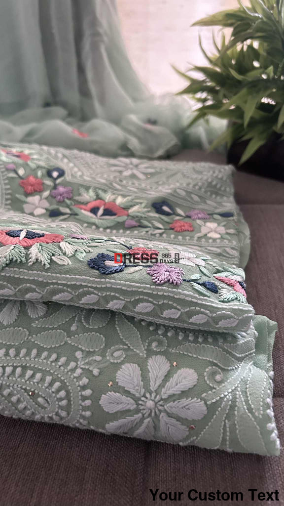 Sage Green Chikankari Parsi Gara Neckline Suit Chikankari Suits