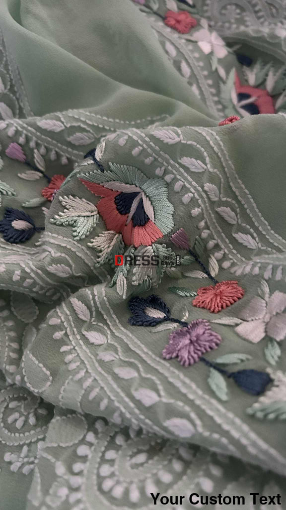 Sage Green Chikankari Parsi Gara Neckline Suit Chikankari Suits