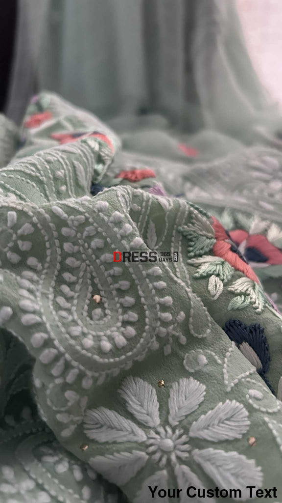 Sage Green Chikankari Parsi Gara Neckline Suit Chikankari Suits