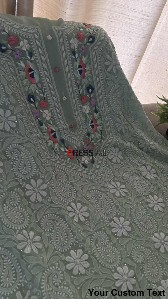 Sage Green Chikankari Parsi Gara Neckline Suit Chikankari Suits