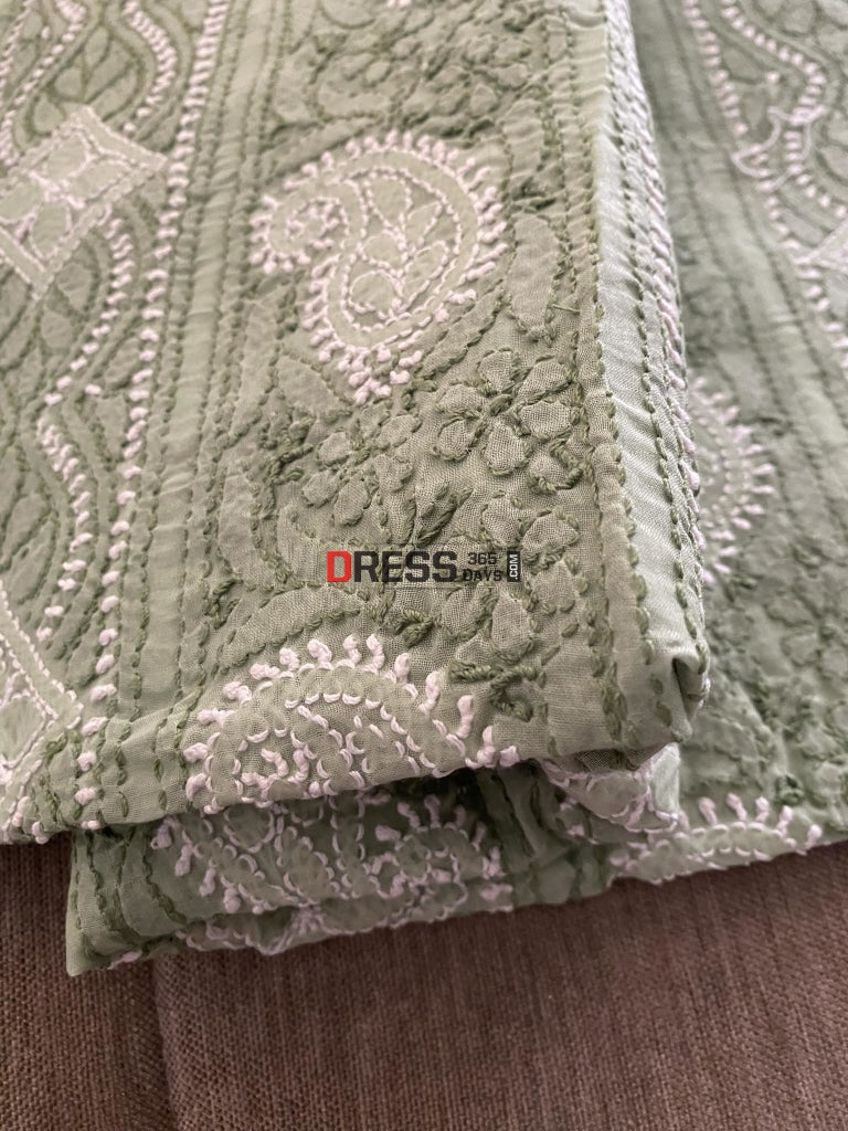 Sage Green Cotton Chikankari Kurti Fabric (Only Kurti)- Festive Collection